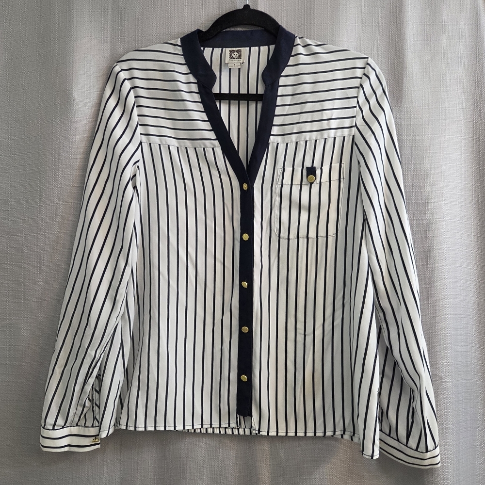 Title:Anne Klein Navy & White Striped long sleeve blouse Gold tone Size Small.